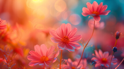 A field of pink flowers with a bright orange sun in the background