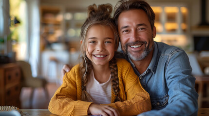 Child home family homework daughter girl cheerful teenage parent education laptop teen teaching childhood man learning together school computer internet teacher tutor.