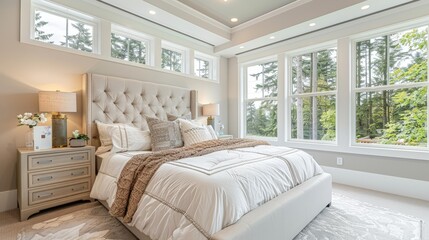 Pristine bedroom with perfectly made bed and spotless windows