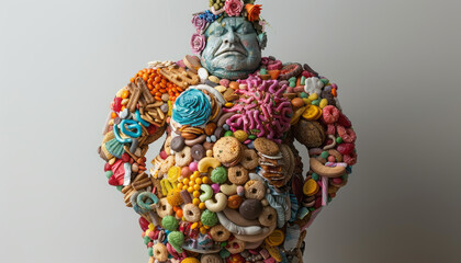 Half part of plastic over side fat body full of candy and snacks in light grey background.generative ai