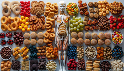 Half part of plastic over side fat body full of candy and snacks in light grey background.generative ai