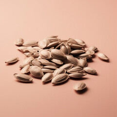 toasted sunflower seeds lie on a slide, on a pale pink background, Location monochrome pale pink background. There is a simple light-gentle pink background 