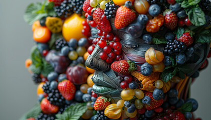 Half part of plastic body full of fruit and berry in light grey background.generative ai