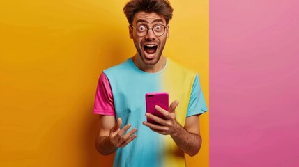The shocked expression of a man looking at a smartphone screen, wearing a cheerful bright yellow shirt.