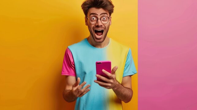 The shocked expression of a man looking at a smartphone screen, wearing a cheerful bright yellow shirt.