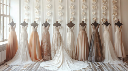 A collection of stunning wedding dresses showcases diverse styles and intricate designs in a...