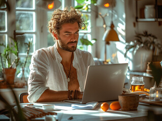 Startup owner in a minimalist, white office, deep focus on a laptop, serene morning light .