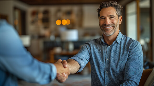 Shaking hands : Handsome middle aged man shaking hands with a financial advisor during a consultation at home. Thank you so much for your assistance.