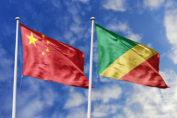 3d illustration. China and AAAAAAAAA Flag waving in sky. High detailed waving flag. 3D render....