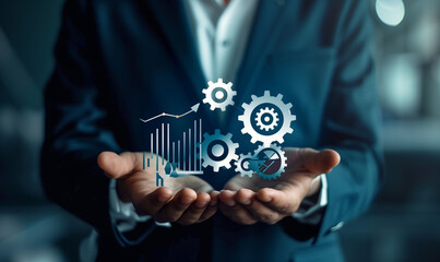 A businessman shows a productivity icon that is connected to a growth chart. This visual element symbolizes the focus on increasing efficiency and effectiveness in industrial management.