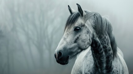 Obraz na płótnie Canvas Andalusian Horse in the Mist: A Beautiful Closeup of a Grey Stud Horse Exuding Elegance and Exotic