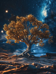 A biomechanical tree growing metallic leaves in a vast starlit desert landscape