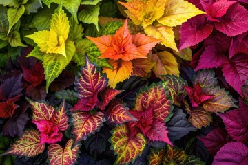 Coleus: Different Varieties of Colourful Foliage Plant with Vibrant Red and Green Leaves on Natural