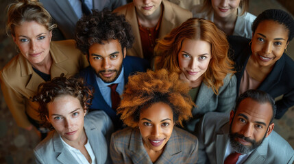 Fototapeta premium Top view high angle shot from above group portrait of businesspeople standing together, looking up at camera and smiling.