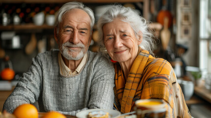 breakfast woman man senior couple home retirement wife husband elderly together happy morning old happiness kitchen love mature eating meal retired.