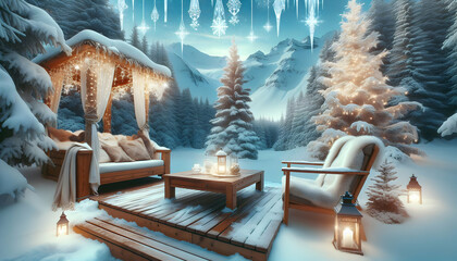 Magical Winter Wonderland Landscape: Captivating visuals for your business identity in Relax Area Photo Stock Concept