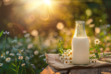 Glass and bottle of fresh milk on wooden table
