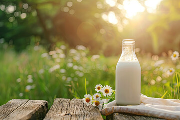 Obraz na płótnie Canvas Glass and bottle of fresh milk on wooden table