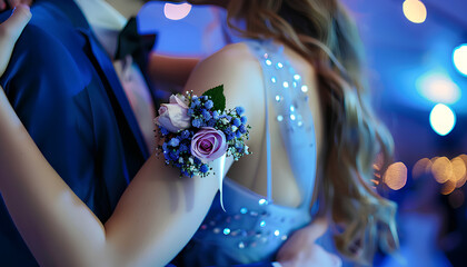 Young woman with corsage and her prom date dancing on blue background, closeup