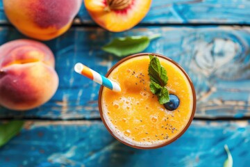 Refreshing Peach Smoothie with Fresh Fruit on Wooden Background - Top View Antioxidant Beverage - obrazy, fototapety, plakaty
