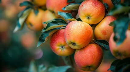 Obraz premium Bunch of fresh ripen apples hanging on a tree