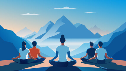 In the soft morning light a group of yogis sit in meditation on a mountaintop framed by majestic peaks and a clear blue sky. The combination of