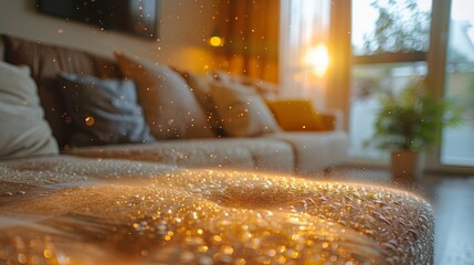 Detailed view of dusting furniture in a spotless living room