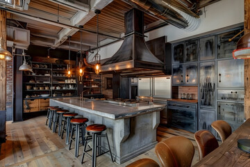 Contemporary modern kitchen interior in dark grey colors and concrete elements.