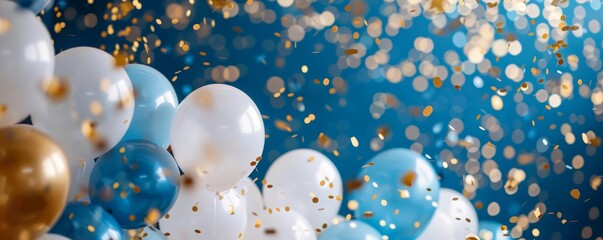 Birthday party design with white balloons, gold confetti, and blue accents