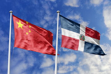 3d illustration. China and Dominican Republic Flag waving in sky. High detailed waving flag. 3D render. Waving in sky. Flags fluttered in the cloudy sky.