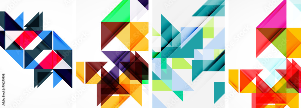 Poster A creative arts product featuring a symmetrical pattern of colorful geometric shapes like triangles and rectangles in tints and shades of electric blue on a white background