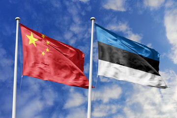 3d illustration. China and Estonia Flag waving in sky. High detailed waving flag. 3D render. Waving...