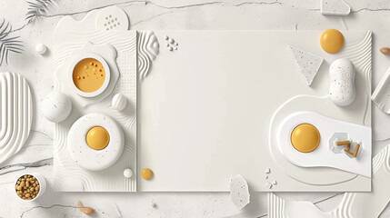 A white background with a yellow egg on it. The egg is surrounded by other shapes and objects, including a cup and a bowl. The image is abstract and playful