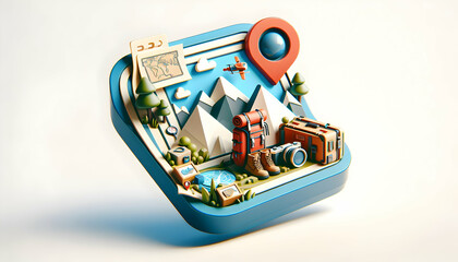 Adventure Expeditions: 3D Flat Icon with Map-Themed Background for Capturing Essence in Isometric Scene