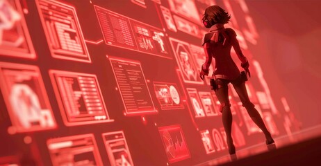 A woman in a red suit standing in front of a red digital screen.