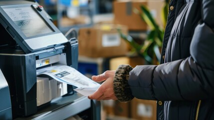 person using a custom-branded shipping label printer, highlighting its efficiency