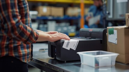 person using a custom-branded shipping label printer, highlighting its efficiency