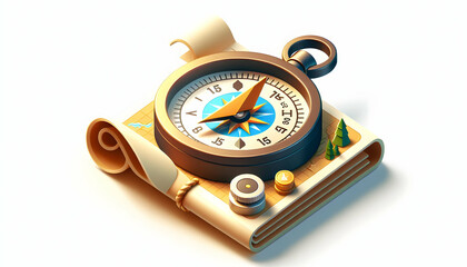 3D Flat Icon: Explorer Compass A Paper Map Signifying Next Adventure in Isometric Scene