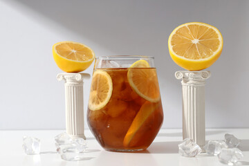 A glass of cold tea with fresh orange slices
