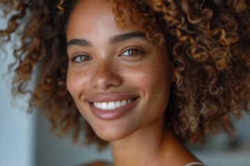 This portrait showcases a woman with a bright smile, curly hair, and a captivating presence framed against a soft background