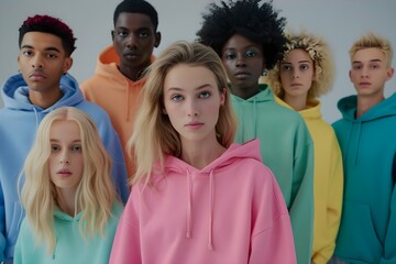 Diverse group models blank hoodies to showcase garment versatility in fashion. Concept Fashion, Hoodies, Diverse Models, Photoshoot, Versatility