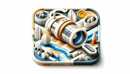 Abstract 3D Flat Icon Explorer Mosaic: A Paper Map Inspiring Inner Explorer with Travel Elements in Isometric Scene