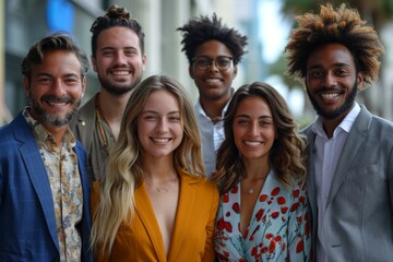 A joyful group portrait of diverse friends smiling and embracing, radiating positivity and friendship in a modern urban setting - obrazy, fototapety, plakaty