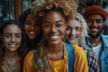 Fototapeta premium A vibrant young woman with curly hair and glasses smiling brightly in a group setting
