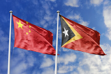 3d illustration. China and East Timor Flag waving in sky. High detailed waving flag. 3D render....