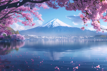 Cherry Blossoms Over Lake, Snowy Mountain in Distance