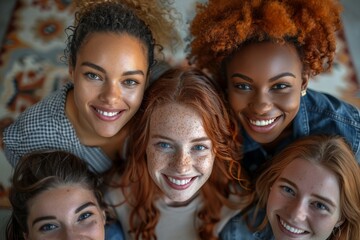 Obraz premium Overhead group selfie of smiling friends with freckles, symbolizing diversity and joyful camaraderie