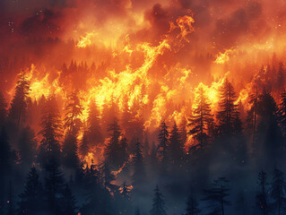 Wildfire spreading through a forest at dusk illustrating natural disaster and environmental themes with vibrant orange flames