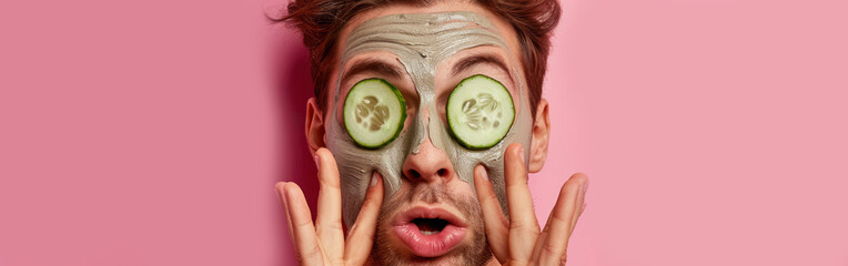 A man with cucumber slices placed on his face for skincare treatment