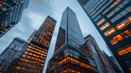 A view of a high rise glass building and a dark steel window system on a blue clear sky background. A business concept of future architecture, looking up to the sun's light on top of the building. 3D